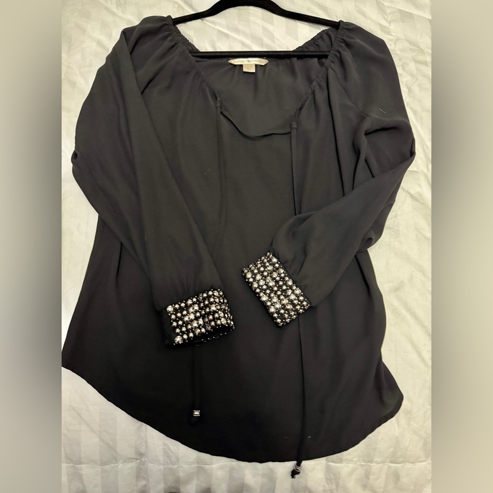 Boston Proper Black Long Sleeve Embellished Blouse